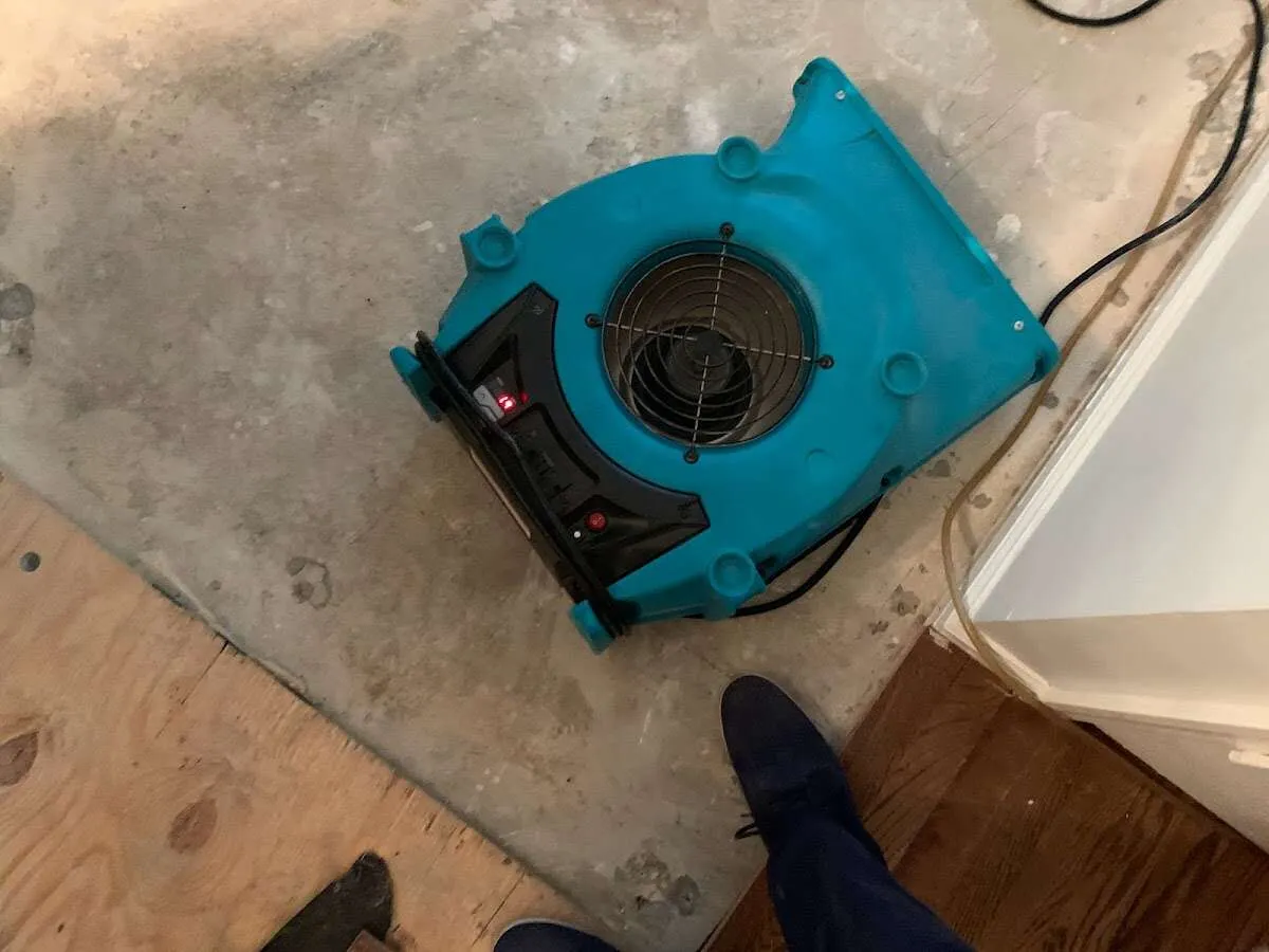 Air mover drying subfloor during Leak Detection & Repair in Burnet